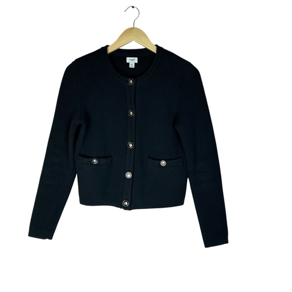 J. Crew Black Knit Lady Jacket Cardigan Gold Button Pockets Crew Neck Size XS - Picture 3 of 15